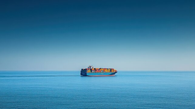 Container ship sailing on calm ocean under a clear blue sky.