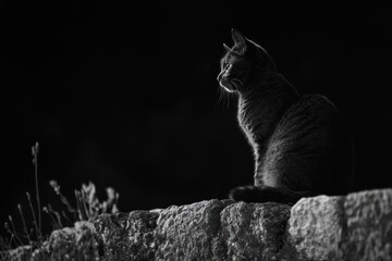 Monochrome cat sitting on a stone wall at night.