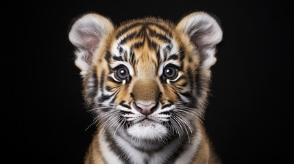 Fototapeta premium Adorable tiger cub portrait against black background.