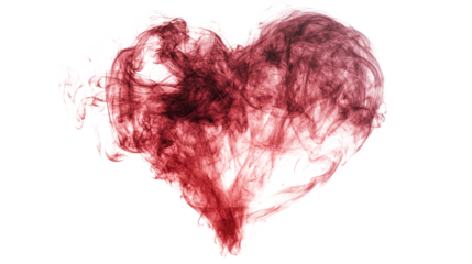 Red smoke in heart love shape isolated on white and transparent background