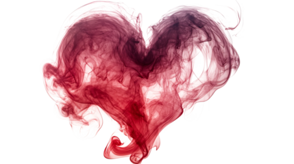 Red smoke in heart love shape isolated on white and transparent background