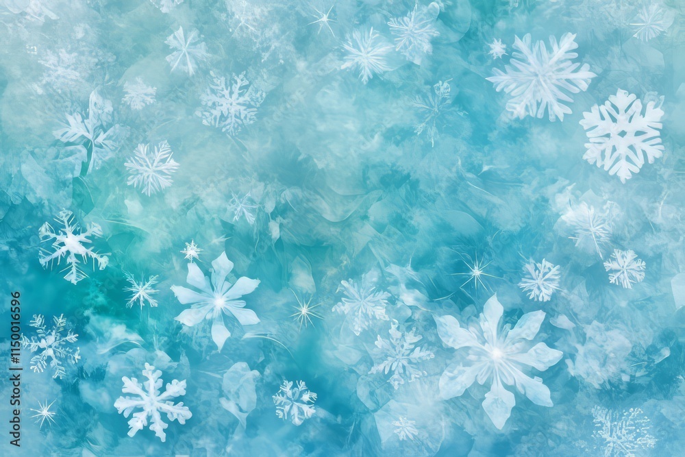 Poster textured frosty ice with translucent blue tint and scattered snowflakes creating a winter wonderland