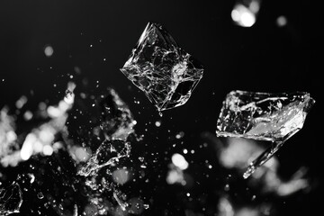 Shattering ice cubes in motion, frozen water droplets splashing against black background.
