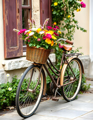 old vintage bicycle with flower basket, vibrant, with white tones