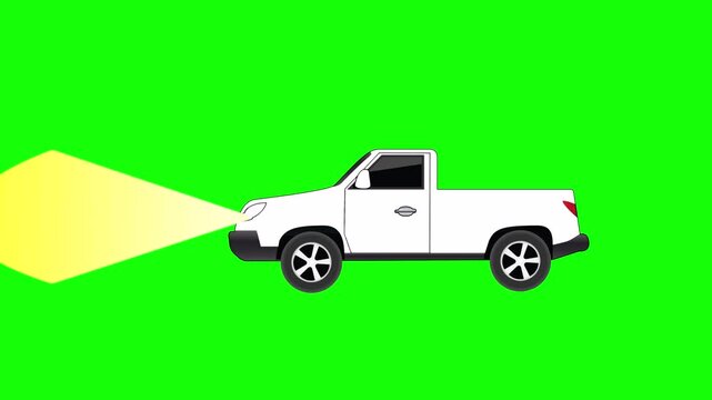 White car with lights, pickup truck,  animation, green screen,cartoon, footage, mockup, loop, chromakey