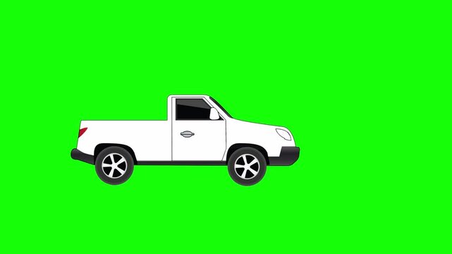 White car in motion, pickup truck,  animation, green screen,cartoon, footage, mockup, loop, chromakey