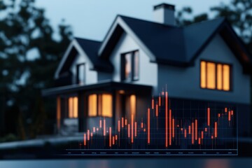 Home loan brokerage concept. A modern house illuminated at dusk, with an overlay of financial graphs, symbolizing real estate market trends and investment opportunities.