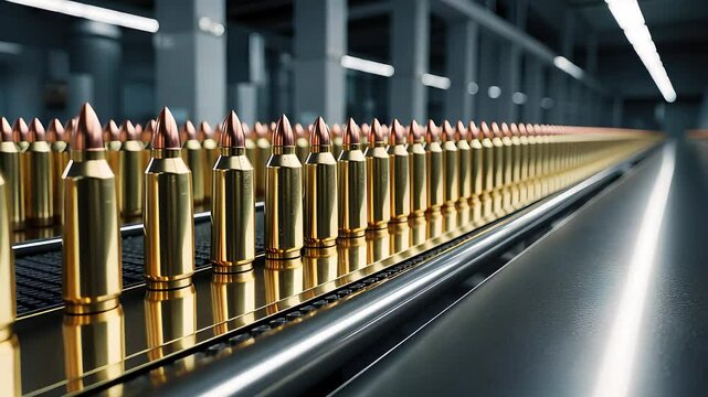 Rows of Shiny Brass Bullets on a Conveyor Belt in a Modern Ammunition Factory with Precise Lighting


