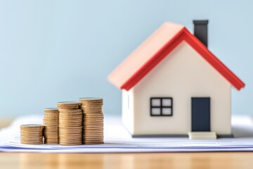 Home loan brokerage concept. A miniature house model beside stacks of coins symbolizes real estate investment and financial growth.