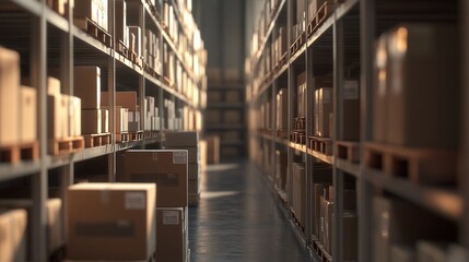 Cardboard boxes on warehouse shelves.