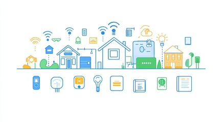 Fototapeta premium Smart home technology illustration showing interconnected houses, devices, and cloud connectivity.
