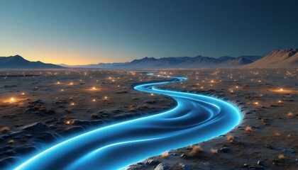 Fototapeta premium Glowing River in Desert Landscape at Sunset