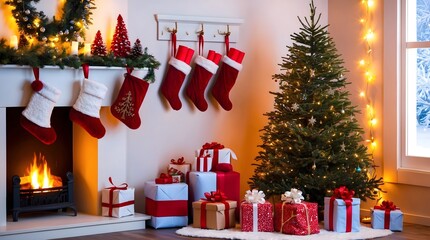 Festive Christmas Living Room with Fireplace, Stockings, and Gift-Wrapped Presents, Cozy Holiday Interior Featuring Decorated Tree, Stockings, and Warm Fireplace, Elegant Christmas Scene with Garlan