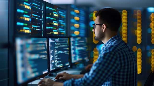 A focused individual working on multiple computer screens with lines of code in a high-tech server room.