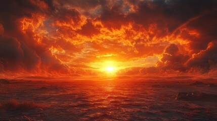 Fiery sunset over a dark, still ocean.