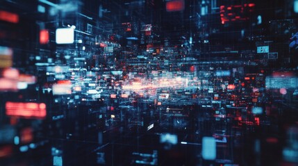 Abstract digital data stream, glowing particles and squares, futuristic technology background.