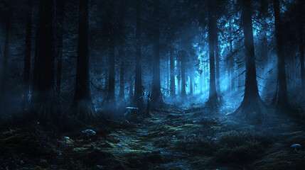 Dark, misty forest at night, where towering blackened trees form ghostly silhouettes, the ground covered in lichen and thin wisps of fog illuminated by faint blue light. 