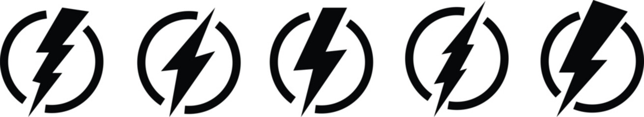 flash lightning bolt icon set. Electric power symbol. Power energy sign, vector graphic design elements Power energy icon sign in filled, flash thunder power icons, isolated on transparent background.