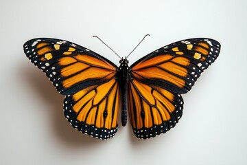 Fototapeta premium beautiful monarch butterfly vibrant orange and black patterns rests its wings spread displaying its delicate structure against simple white background.