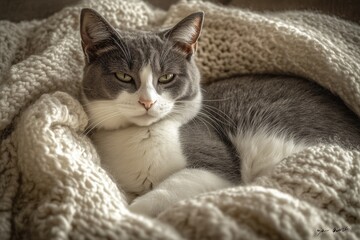 Gray and white cat relaxing in a cozy knitted blanket.