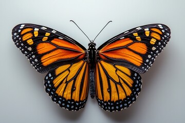 Fototapeta premium Monarch butterfly Danaus plexippus displays its striking orange and black wing patterns beautifully against white background. moment captures its delicate and enchanting nature.