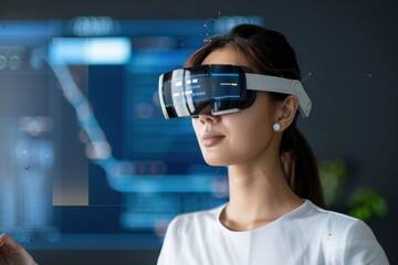 A woman wearing virtual reality goggles engages with digital content in a modern, tech-oriented environment.
