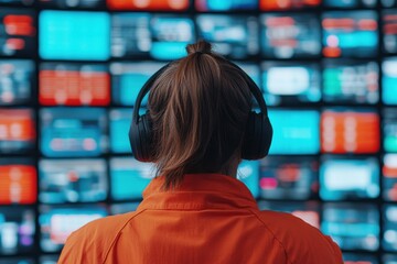 Person in headphones viewing multiple screens with colorful displays.