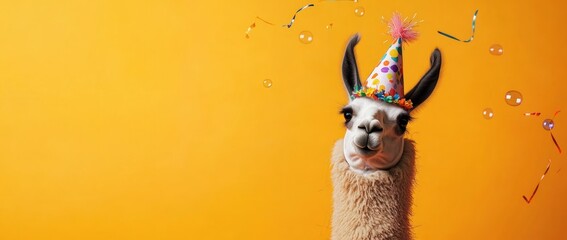 Naklejka premium Llama wearing a party hat with confetti and bubbles on an orange background.