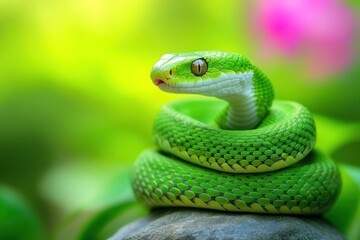 Fototapeta premium Vibrant green snake coiled on a rock, set against a blurred natural background.