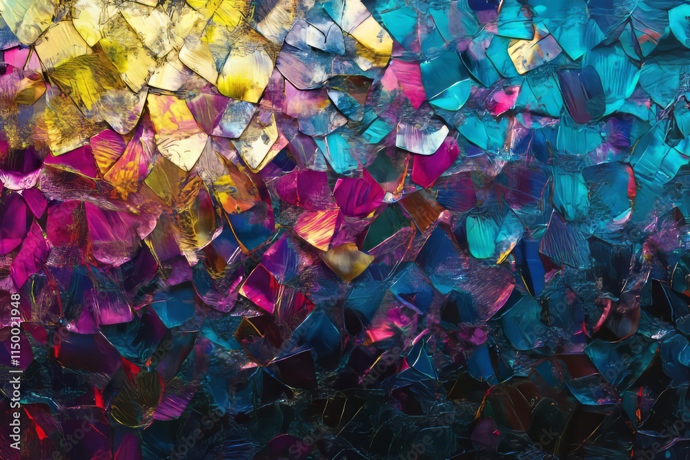 Poster Explore the vibrant texture of shifting holographic foil with an iridescent sparkle across a colorful pattern