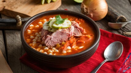 Homemade Pozole Rojo (Mexican-style pork stew with hominy). 