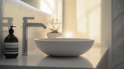 Fototapeta premium A close-up shot of the white, round sink on top, the modern silver faucet