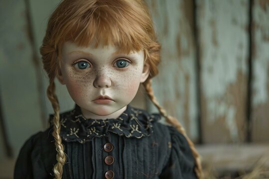 Young girl blonde hair freckles wears black dress lace collar looking directly camera serious expression