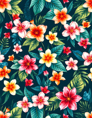 Exotic Flowers and Lush Tropical Leaves Seamless Pattern

