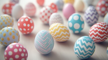 Fototapeta premium Colorful Easter Eggs with Vibrant Patterns and Designs on Wooden Surface