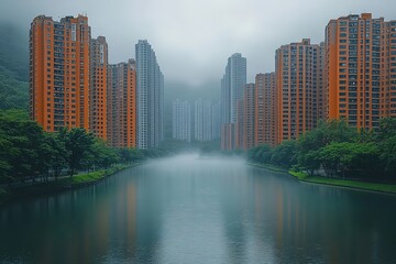 A river runs through a city with tall buildings on either side