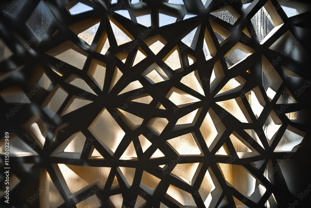 Poster Intricate light patterns create geometric shapes through a modern architectural feature with depth and detail