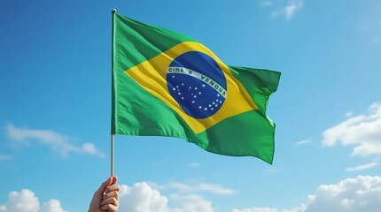 Hand holding Brazil national flag on blue sky. Happy Independence Day, Labor Day, Proclamation of the Republic. Background with copy space for greeting card, banner, poster