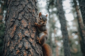 Obraz premium Cute red squirrel eating on a tree trunk in the forest