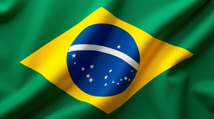 Closeup of Brazil national flag flying on the wind. Happy Independence Day, Labor Day, Proclamation of the Republic. Celebrating national Brazilian holiday or festival. Travel and tourism concept