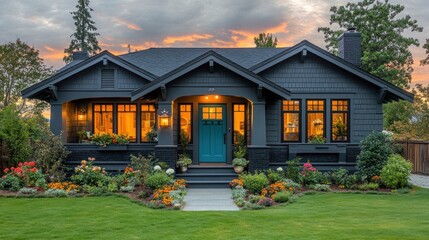 Charming Craftsman-style home with teal door, illuminated windows, and vibrant garden at sunset.