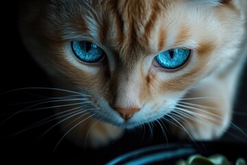 Close-up of a ginger cat with striking blue eyes, looking intently downwards.