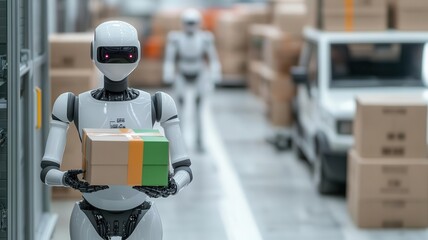 Obraz premium Illustrate AI-powered robots loading eco-friendly packages into delivery vehicles