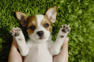 Adorable small puppy lying on its back in human hands on green carpet.