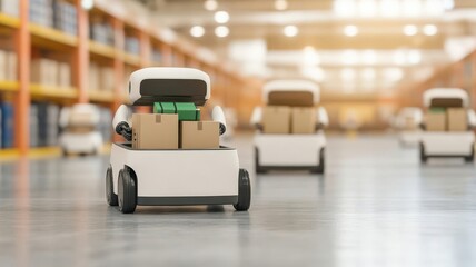 Obraz premium Illustrate AI-powered robots loading eco-friendly packages into delivery vehicles