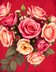 Beautiful rose flower pattern, little flower bouquet vintage with red ground, grunge, with white tones