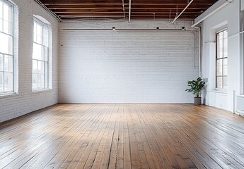 Photo of an empty, large room with white brick walls and wooden floors. 
