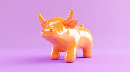 Obraz premium Orange bull figurine on purple background, symbolizing market growth and optimism