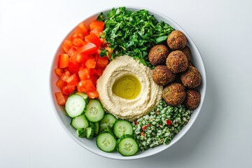 Vibrant falafel bowl with hummus, fresh vegetables, and tabbouleh.