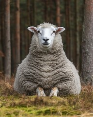 Naklejka premium A fluffy sheep resting in a forest setting, surrounded by trees and moss.